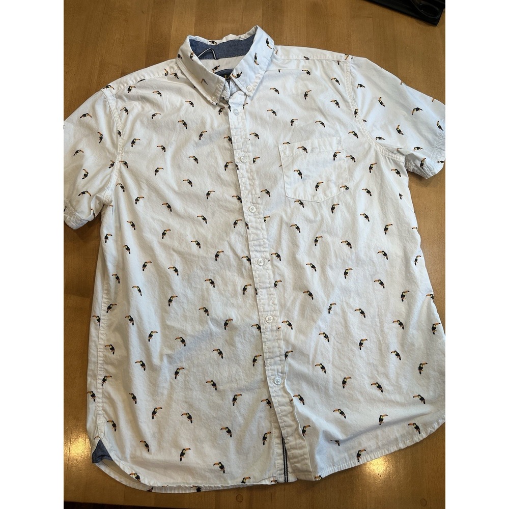 Lee Mens Button Down Short Sleeve Shirt Size L Large Parrot Toucan Tropical‎